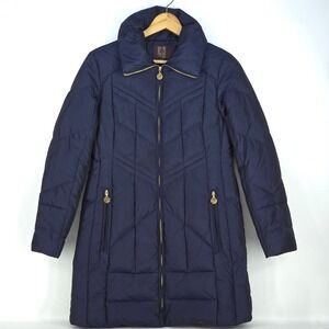 Anne‎ Klein Down Feather Puffer Coat Womens Medium Navy Long Preppy Quiet Luxury